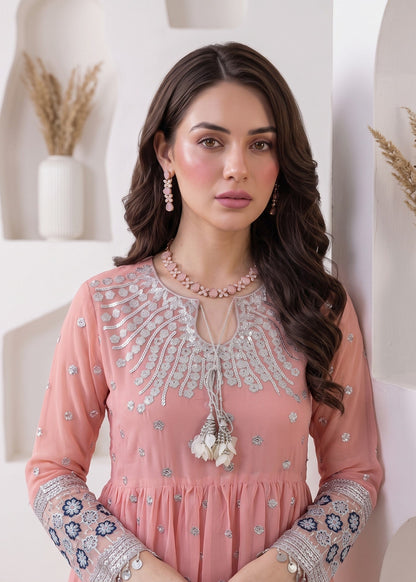 Baby Pink Embroidered Chiffon Pishwas Salwar Suit Online in KSA Riyadh Saudi Arabia Oman Bahrain Qatar