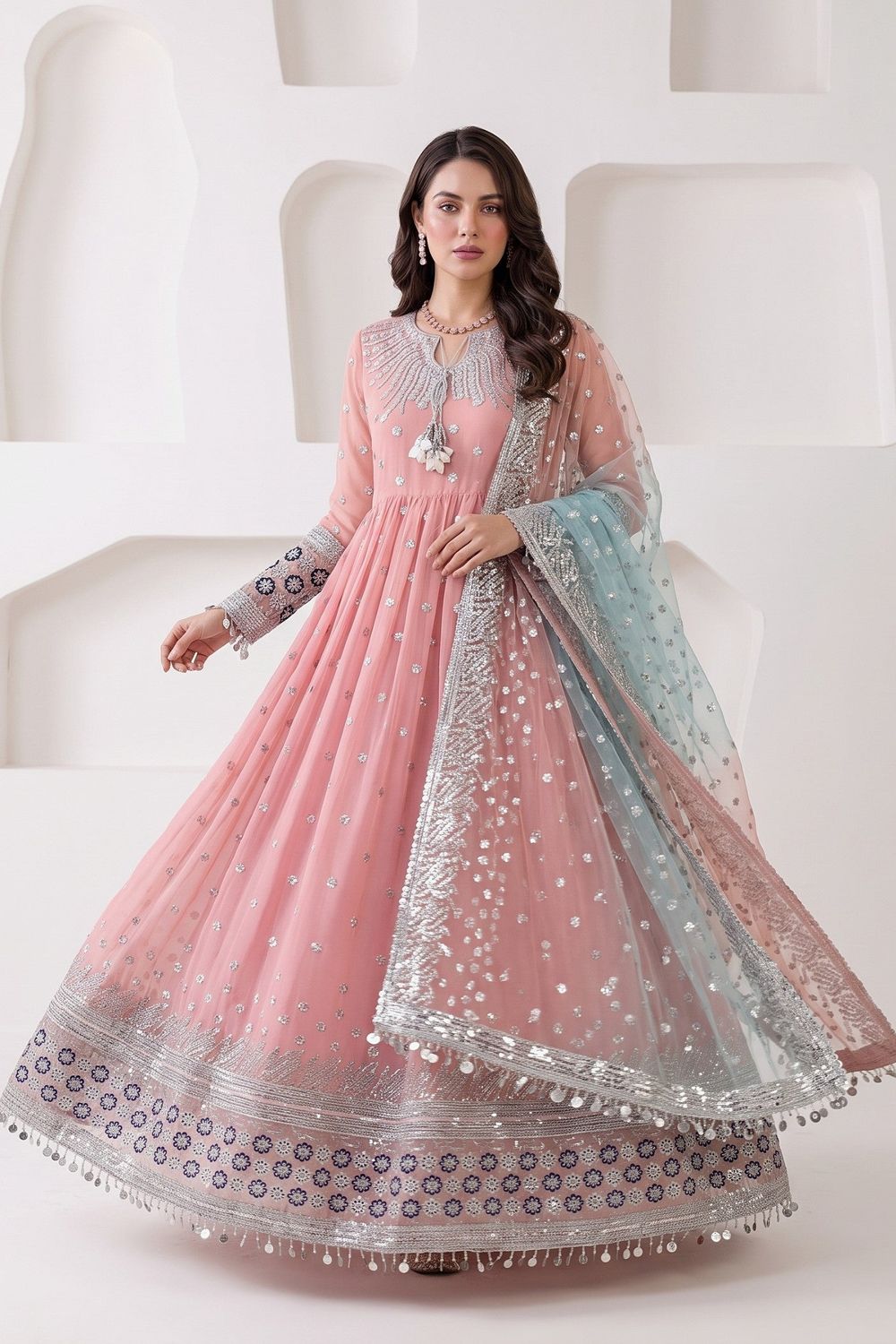 Baby Pink Embroidered Chiffon Pishwas Suit Online in Dubai UAE Abudhabi Ajman Sharjah