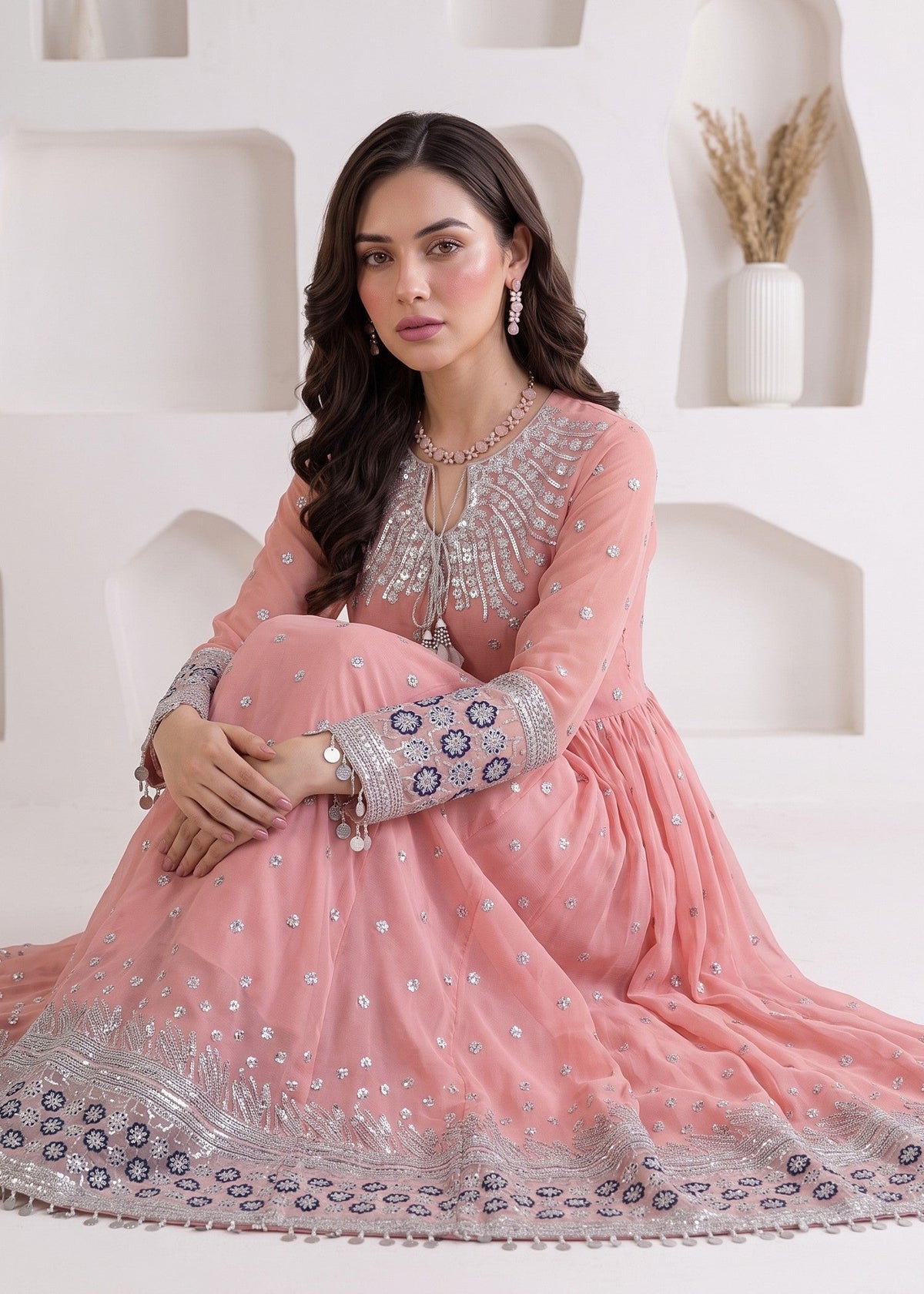 Baby Pink Embroidered Chiffon Pishwas Suit Online in Dubai UAE Abudhabi Ajman Sharjah