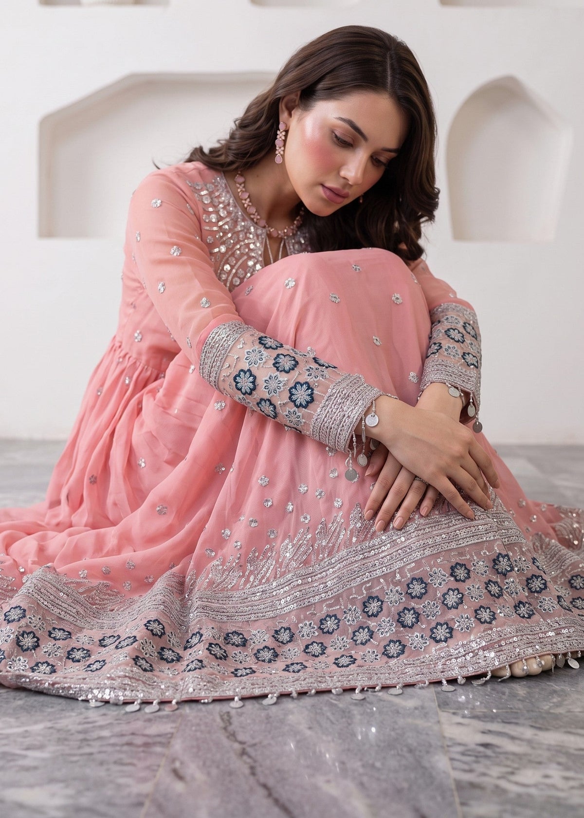 Baby Pink Embroidered Chiffon Pishwas Suit Online in Sri Lanka India Australia