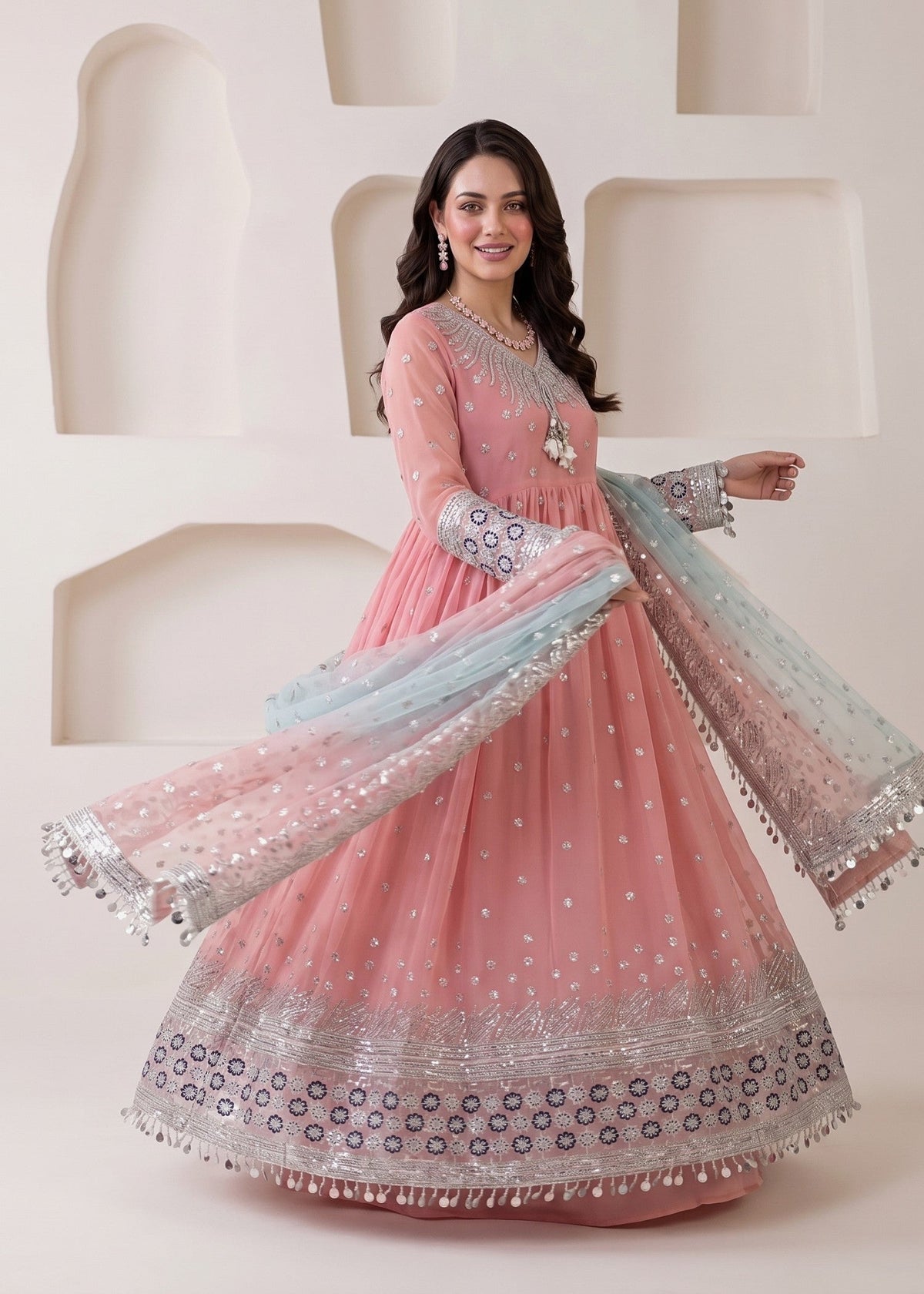 Baby Pink Embroidered Chiffon Pishwas Suit Online in UK USA Canada