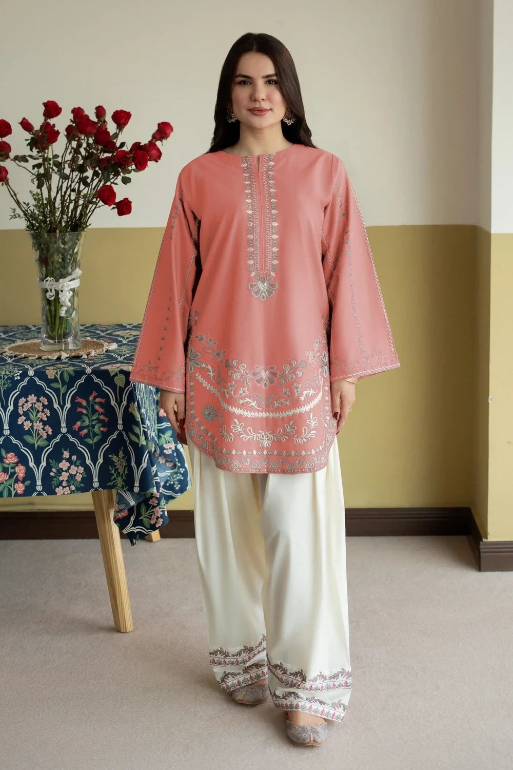 Baby Pink Embroidered Cotton Farshi Shalwar Suit Online in Dubai UAE Abudhabi Ajman Sharjah