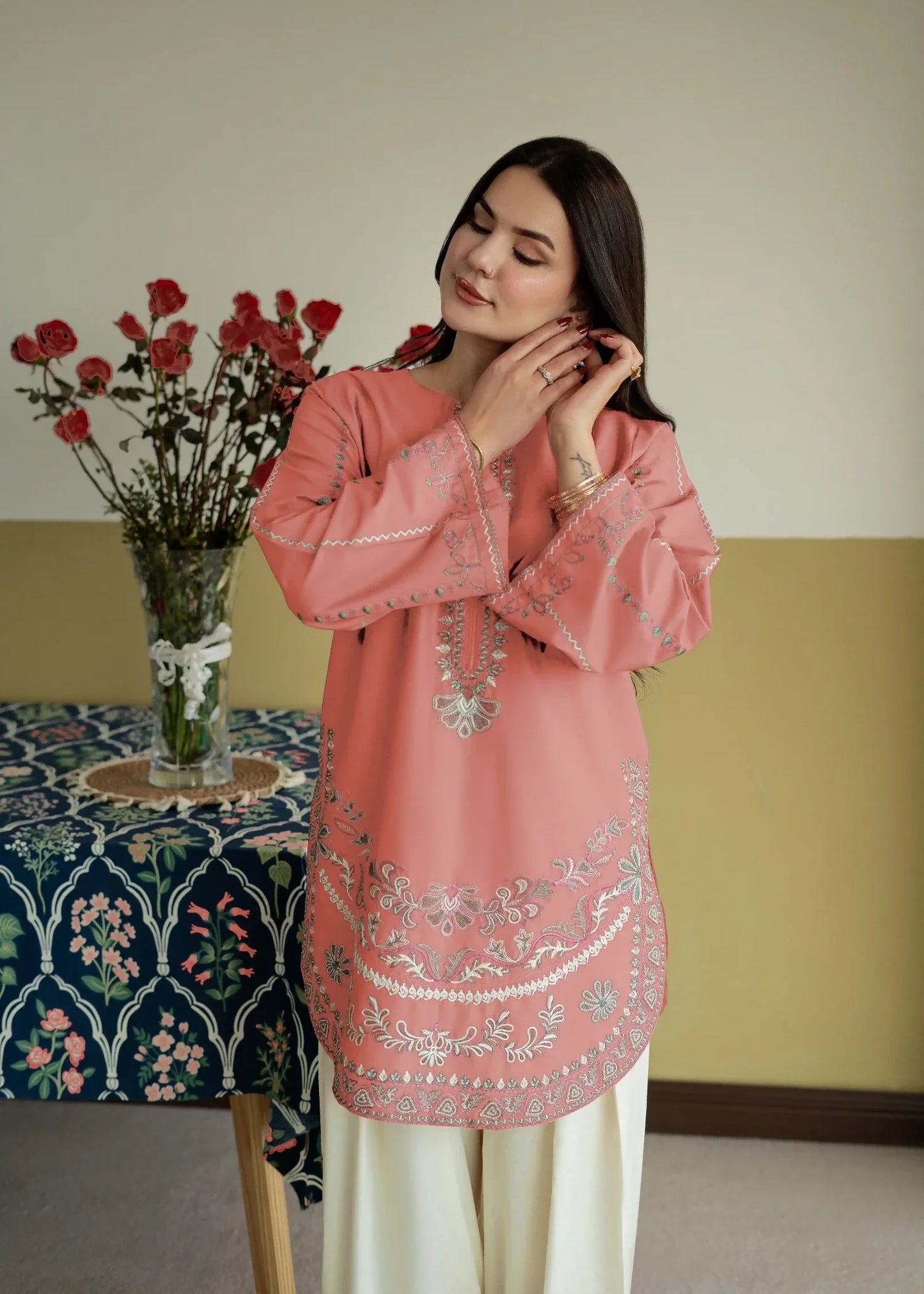 Baby Pink Embroidered Kurta with Farshi Shalwar Online in Dubai DXB UAE Abudhabi Meena Bazaar