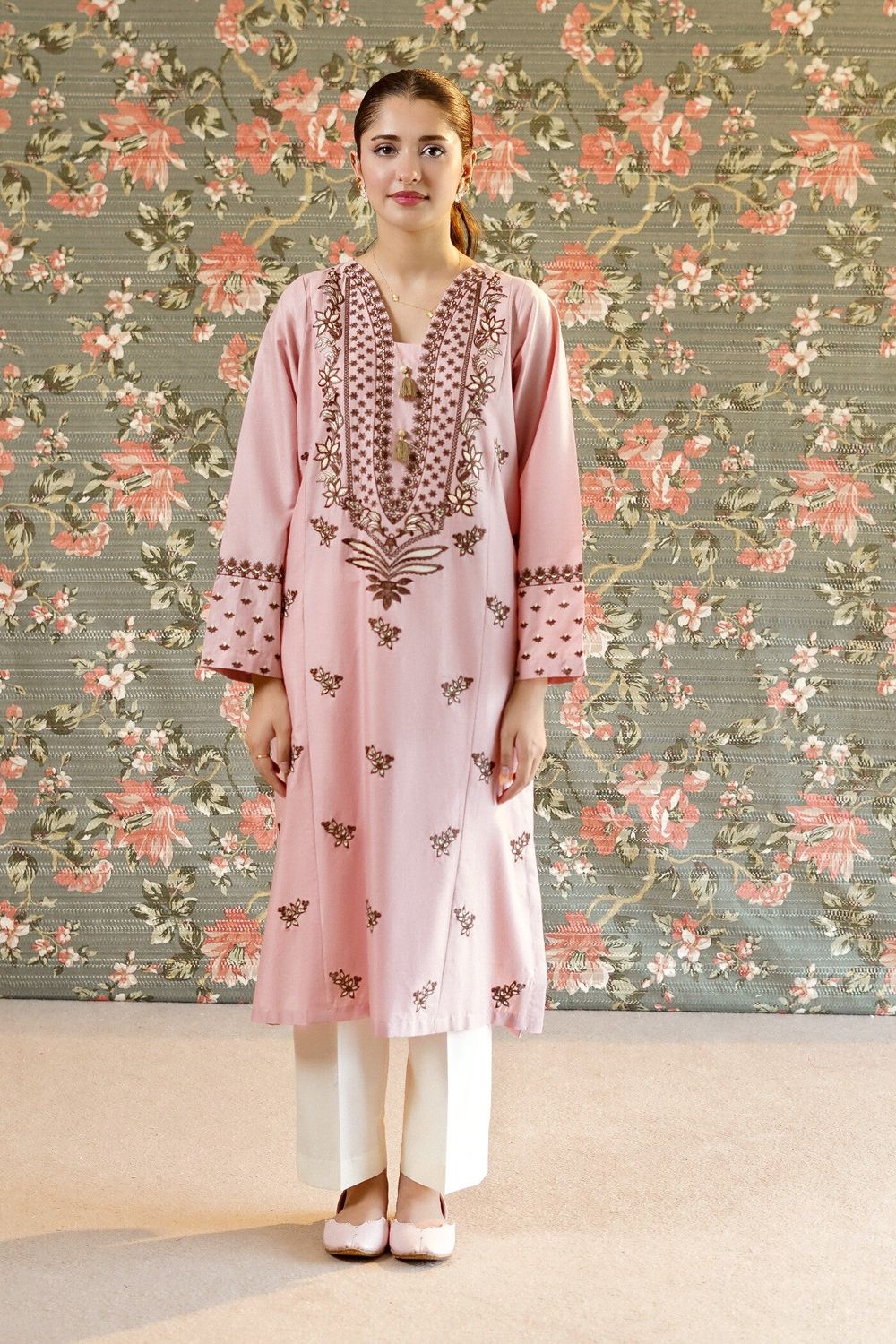 Baby Pink Embroidered Lawn Kurta Online in Dubai UAE Abudhabi Ajman Sharjah