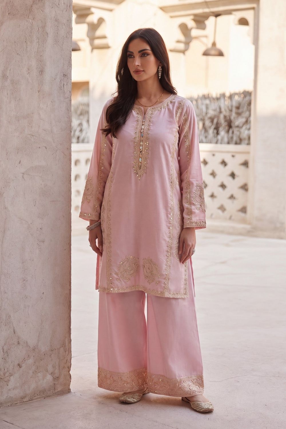 Baby Pink Embroidered Lawn Kurta Set Online in Dubai UAE Abudhabi Ajman Sharjah