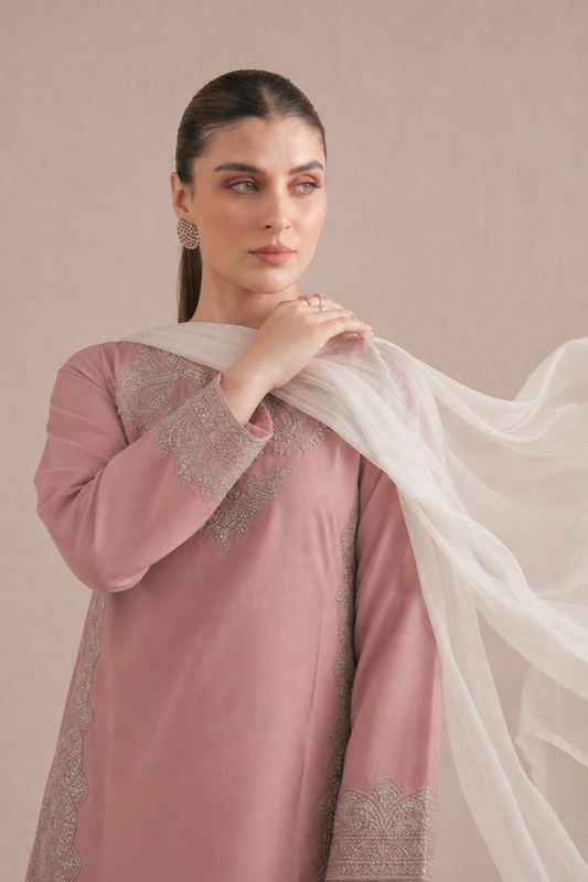 Baby Pink Embroidered Lawn Straight Cut Kurta Set Online in Dubai UAE Abudhabi Ajman Sharjah