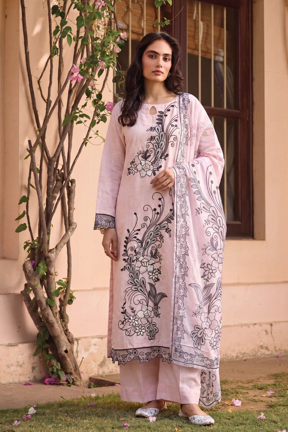 Baby Pink Embroidered Textured Lawn Pakistani Suit Online in Dubai UAE Abudhabi Ajman Sharjah
