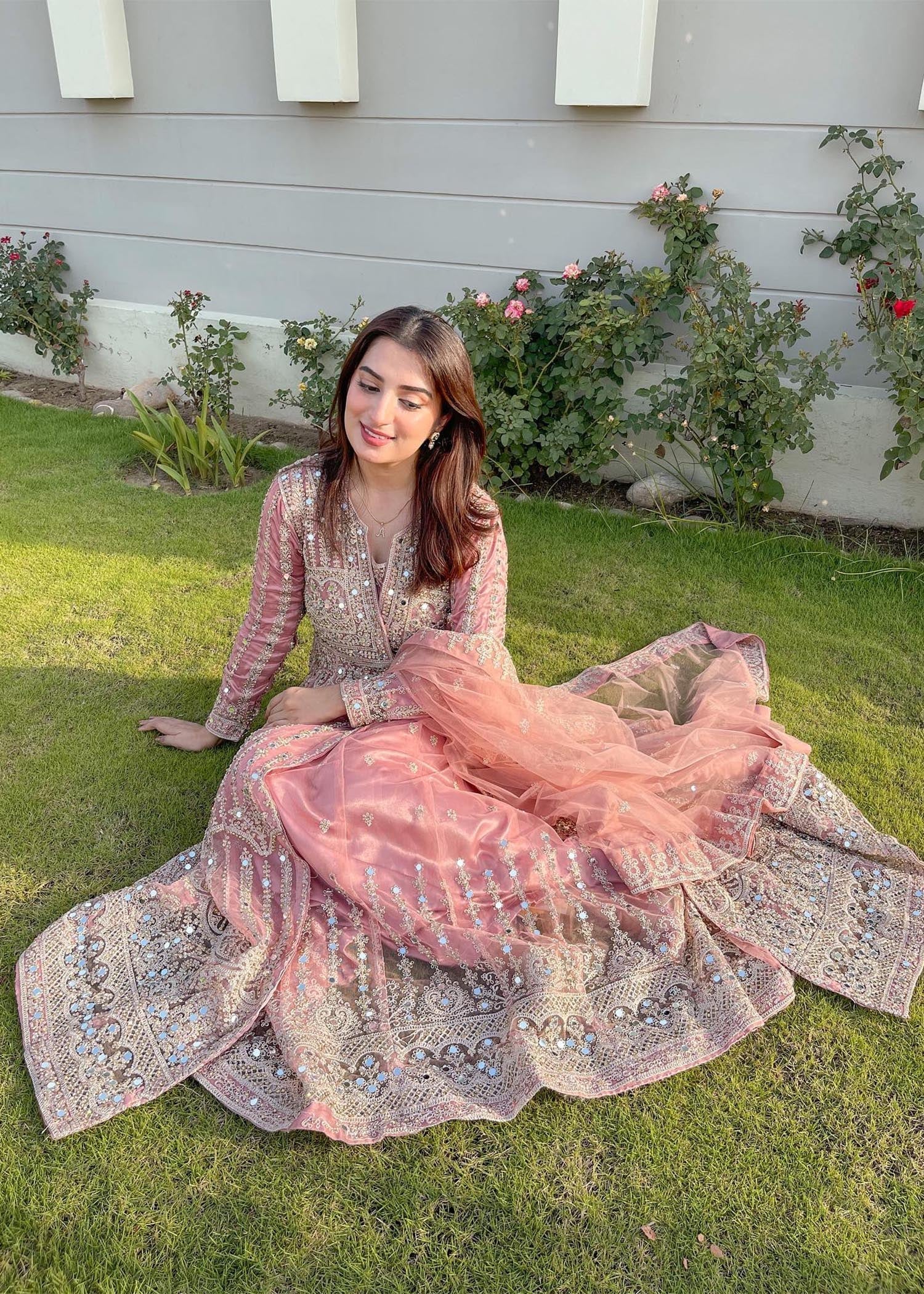 Baby Pink Net Flared Gown Online in Dubai DXB UAE Abudhabi Meena Bazaar
