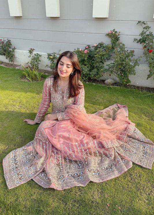 Baby Pink Net Flared Gown Online in Dubai DXB UAE Abudhabi Meena Bazaar