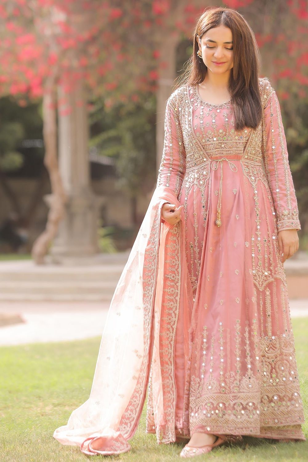 Baby Pink Net Flared Gown Online in Dubai UAE Abudhabi Ajman Sharjah