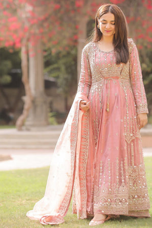 Baby Pink Net Flared Gown Online in Dubai UAE Abudhabi Ajman Sharjah
