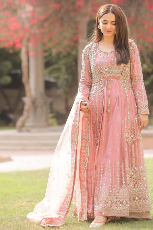 Baby Pink Net Flared Gown Online in Dubai UAE Abudhabi Ajman Sharjah
