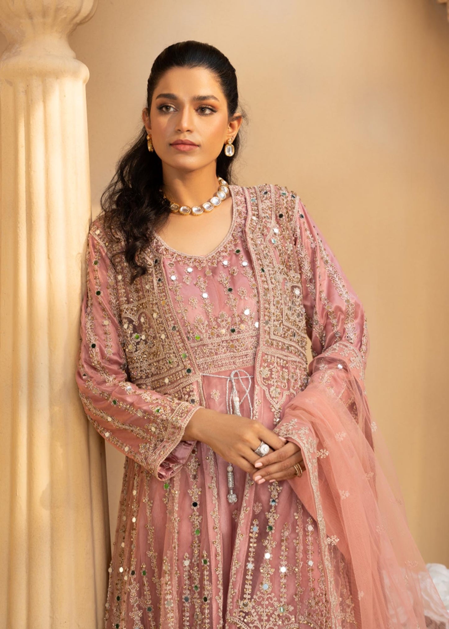 Baby Pink Net Flared Gown Online in Dubai UAE Abudhabi Ajman Sharjah