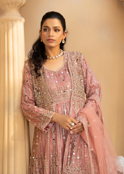 Baby Pink Net Flared Gown Online in Dubai UAE Abudhabi Ajman Sharjah