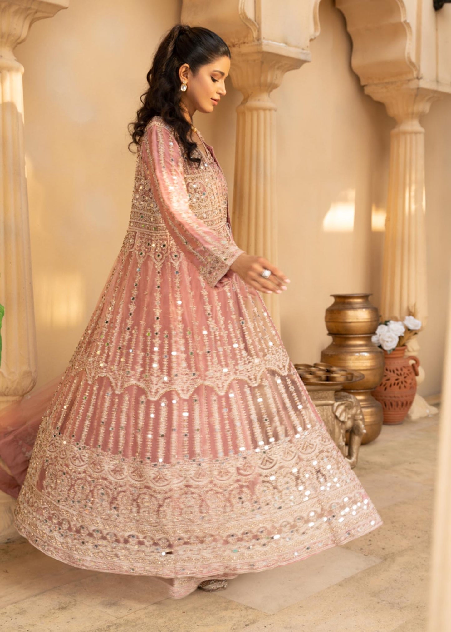 Baby Pink Net Flared Gown Online in Dubai UAE Abudhabi Ajman Sharjah