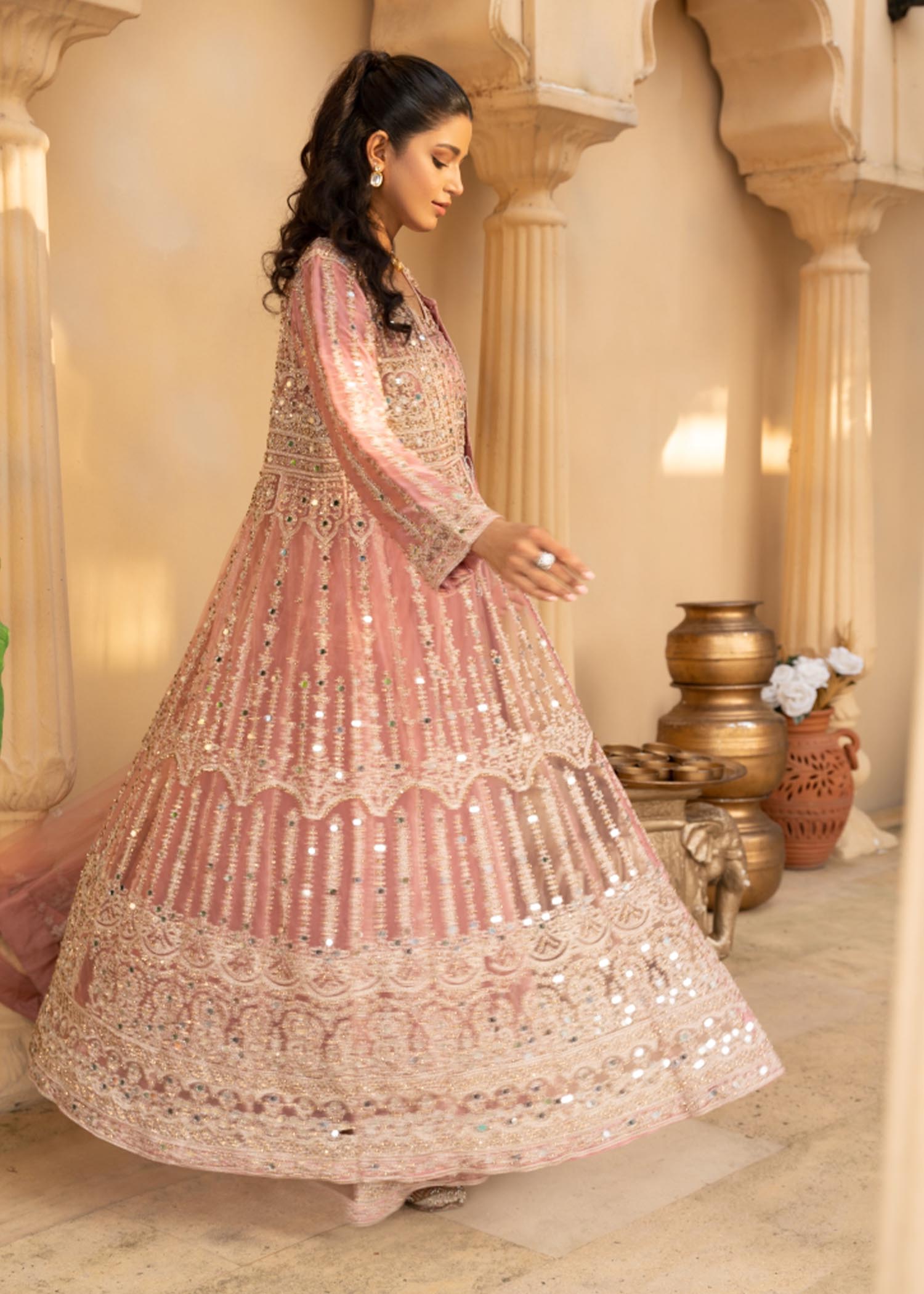 Baby Pink Net Flared Gown Online in Dubai UAE Abudhabi Ajman Sharjah