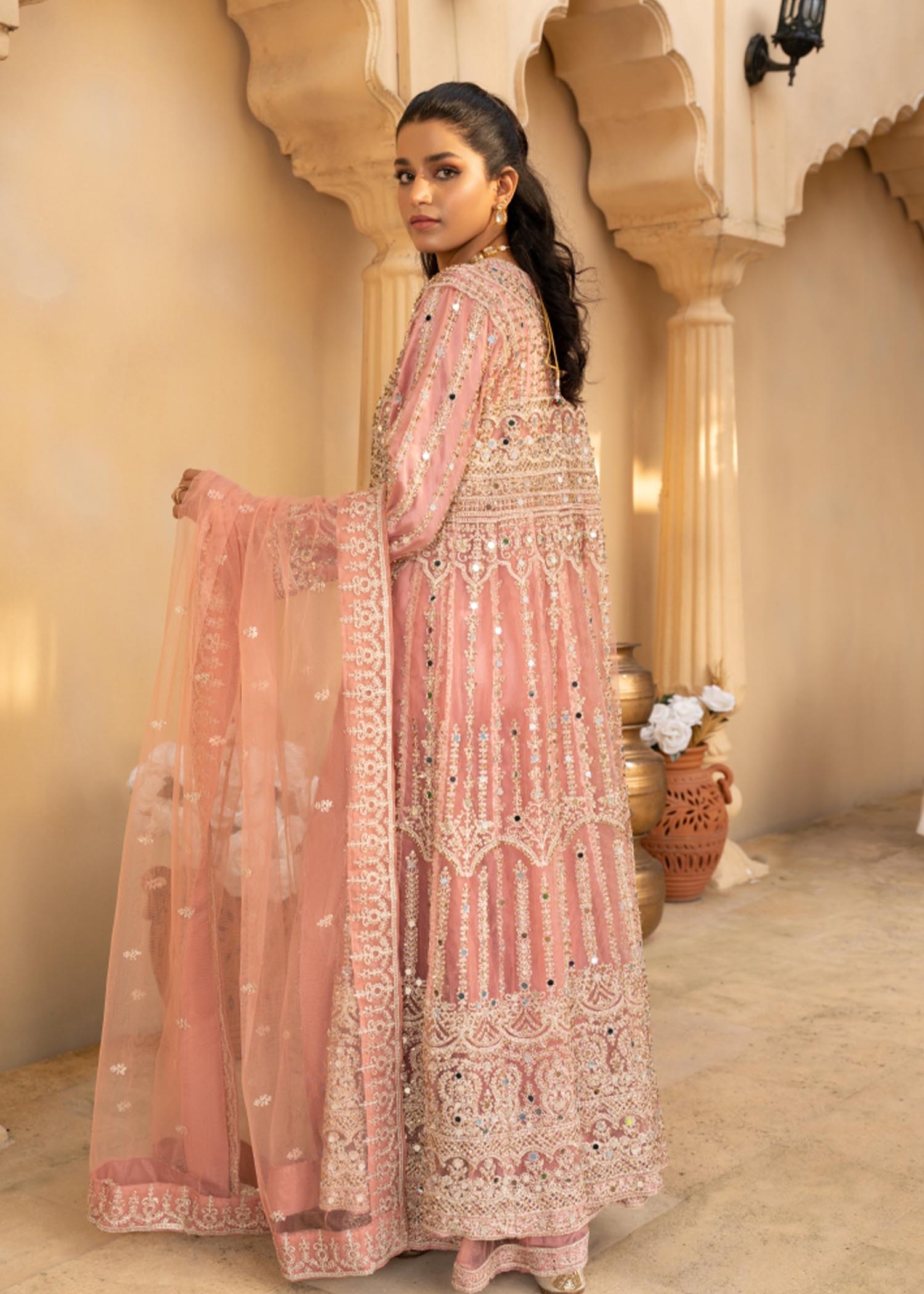 Baby Pink Net Flared Gown Online in Dubai UAE Abudhabi Ajman Sharjah