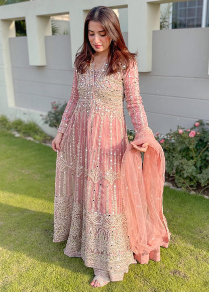 Baby Pink Net Flared Gown Online in Dubai UAE Abudhabi Ajman Sharjah