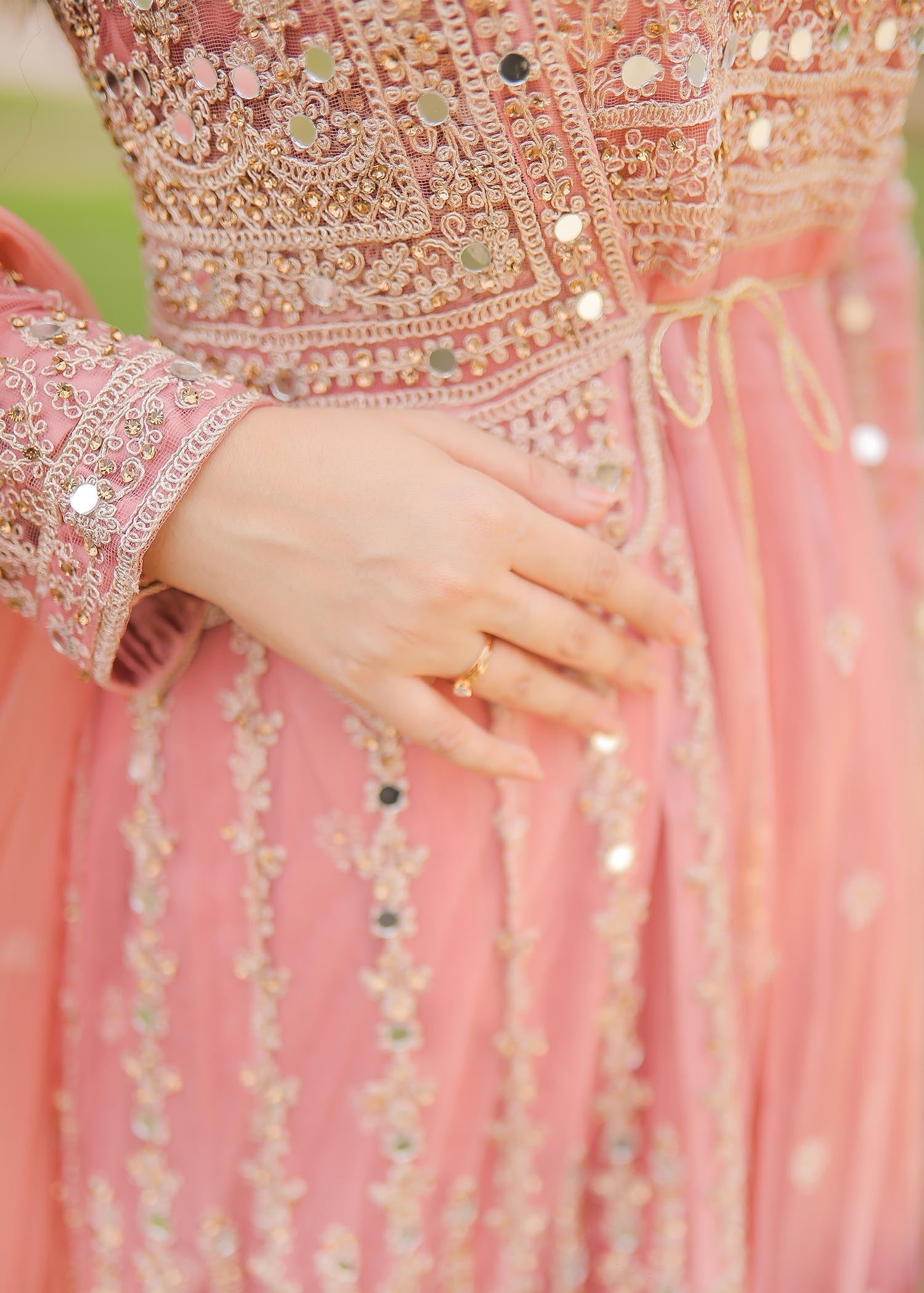 Baby Pink Net Flared Gown Online in Dubai UAE Abudhabi Ajman Sharjah