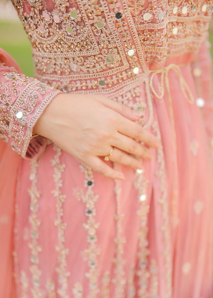 Baby Pink Net Flared Gown Online in Dubai UAE Abudhabi Ajman Sharjah