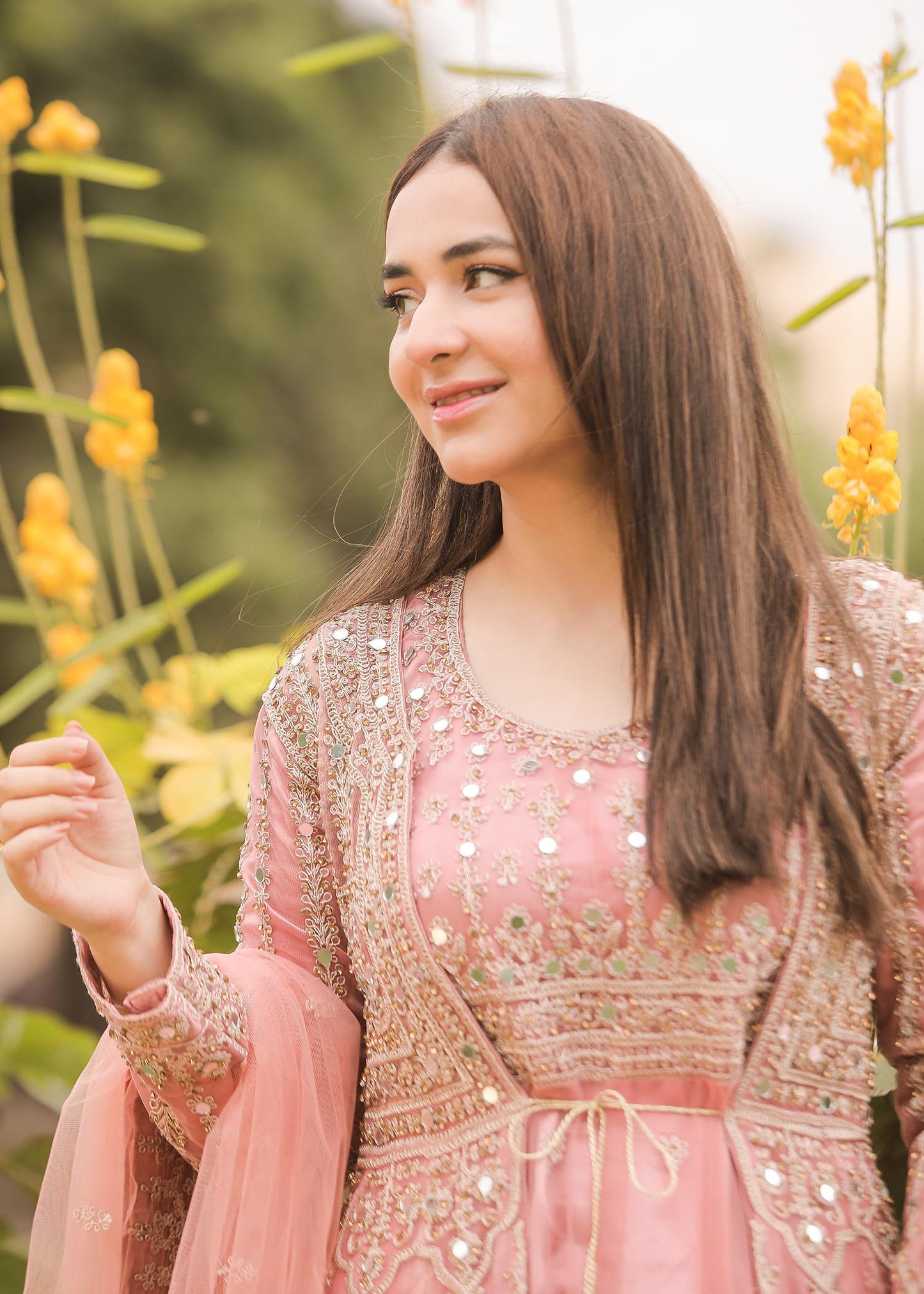 Baby Pink Net Flared Gown Online in Dubai UAE Abudhabi Ajman Sharjah