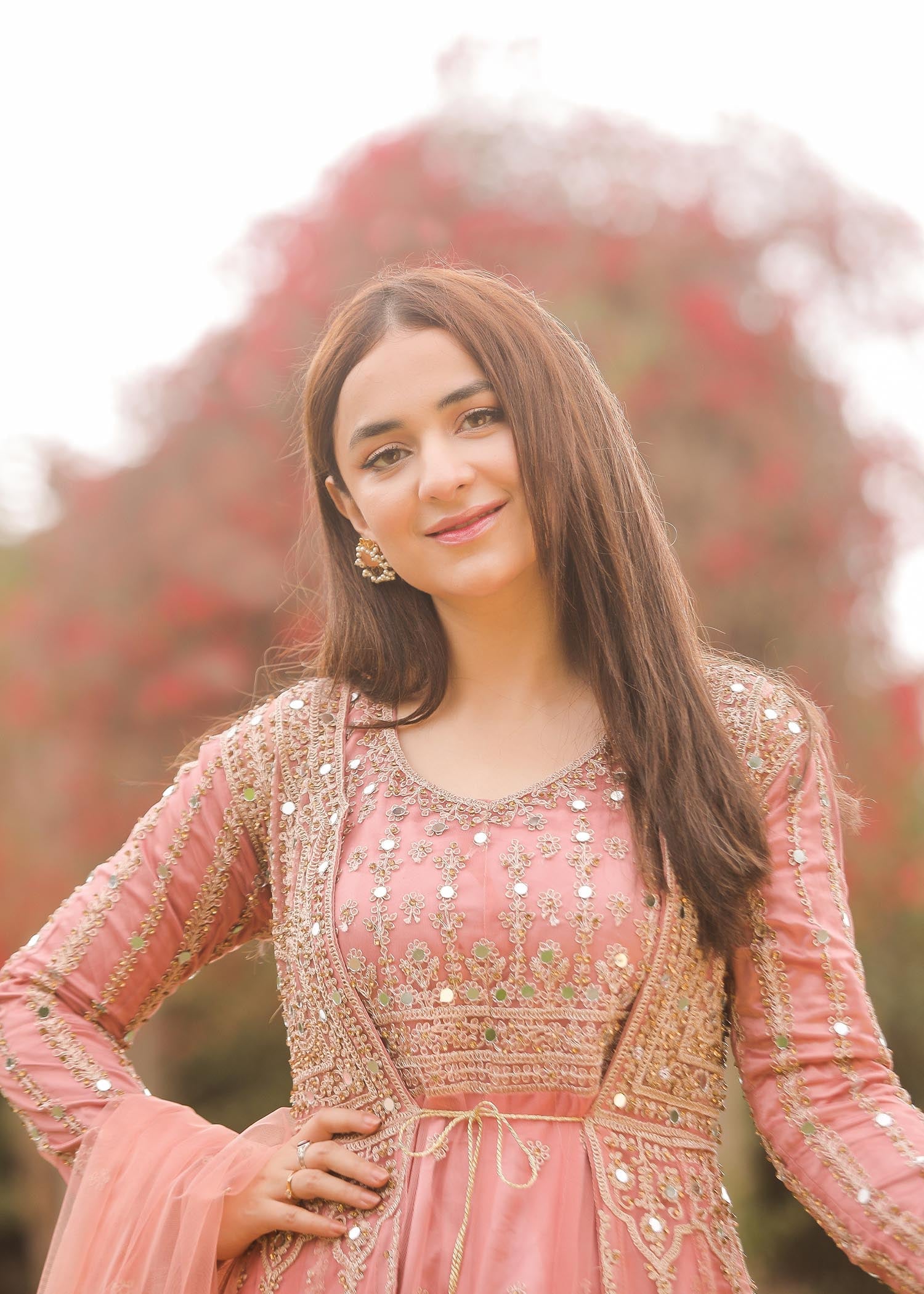 Baby Pink Net Flared Gown Online in Dubai UAE Abudhabi Ajman Sharjah