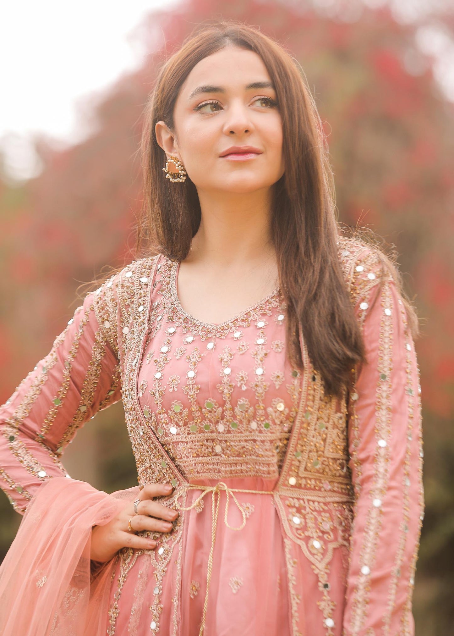 Baby Pink Net Flared Gown Online in Dubai UAE Abudhabi Ajman Sharjah