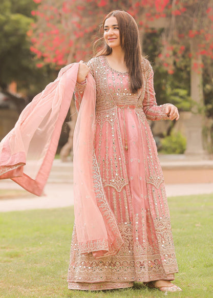 Baby Pink Net Flared Gown Online in Dubai UAE Abudhabi Ajman Sharjah