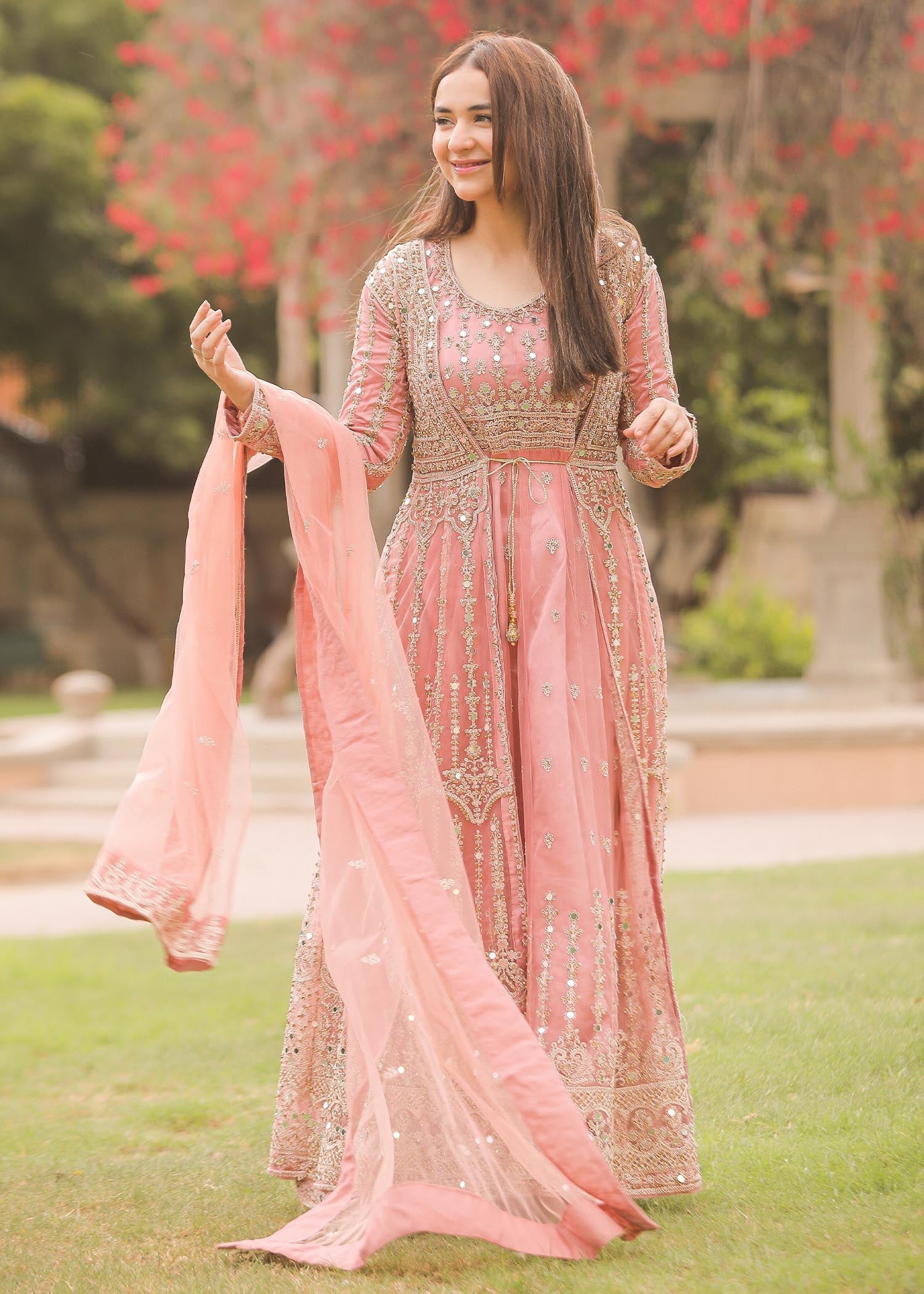 Baby Pink Net Flared Gown Online in Dubai UAE Abudhabi Ajman Sharjah