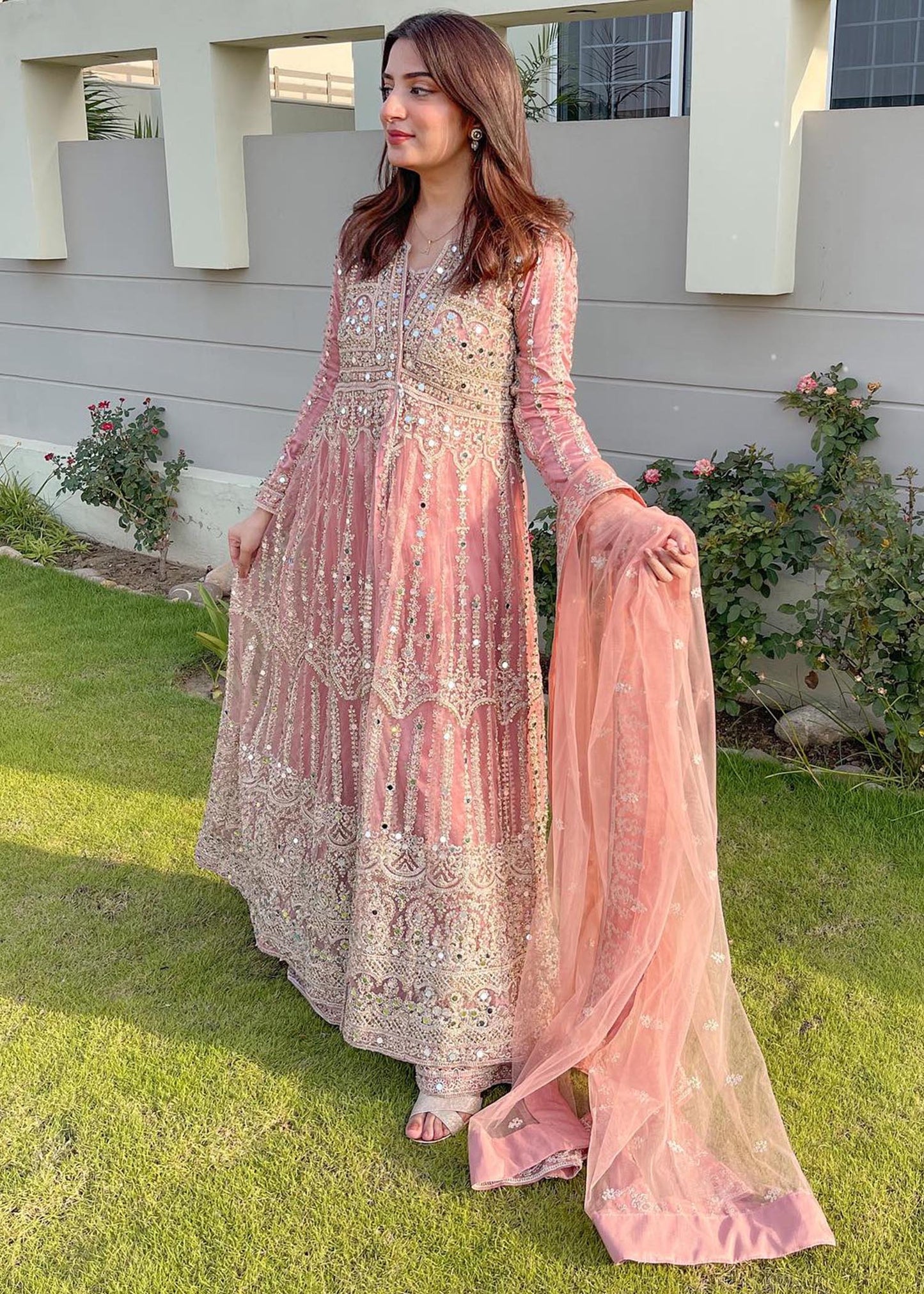 Baby Pink Net Flared Gown Online in Dubai UAE Abudhabi Ajman Sharjah