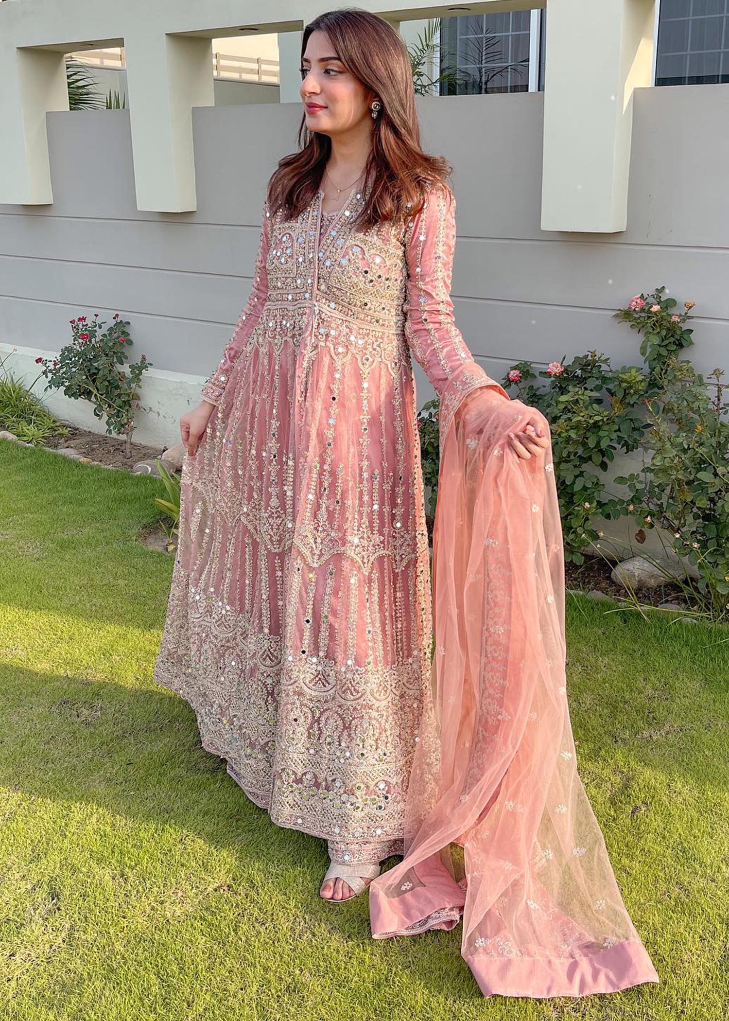 Baby Pink Net Flared Gown Online in Dubai UAE Abudhabi Ajman Sharjah