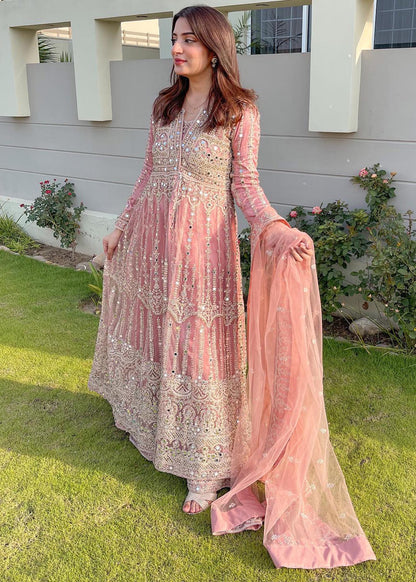 Baby Pink Net Flared Gown Online in Dubai UAE Abudhabi Ajman Sharjah