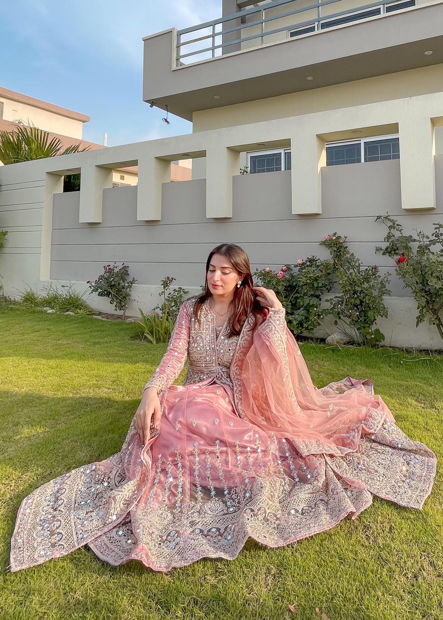 Baby Pink Net Flared Gown Online in Dubai UAE Abudhabi Ajman Sharjah