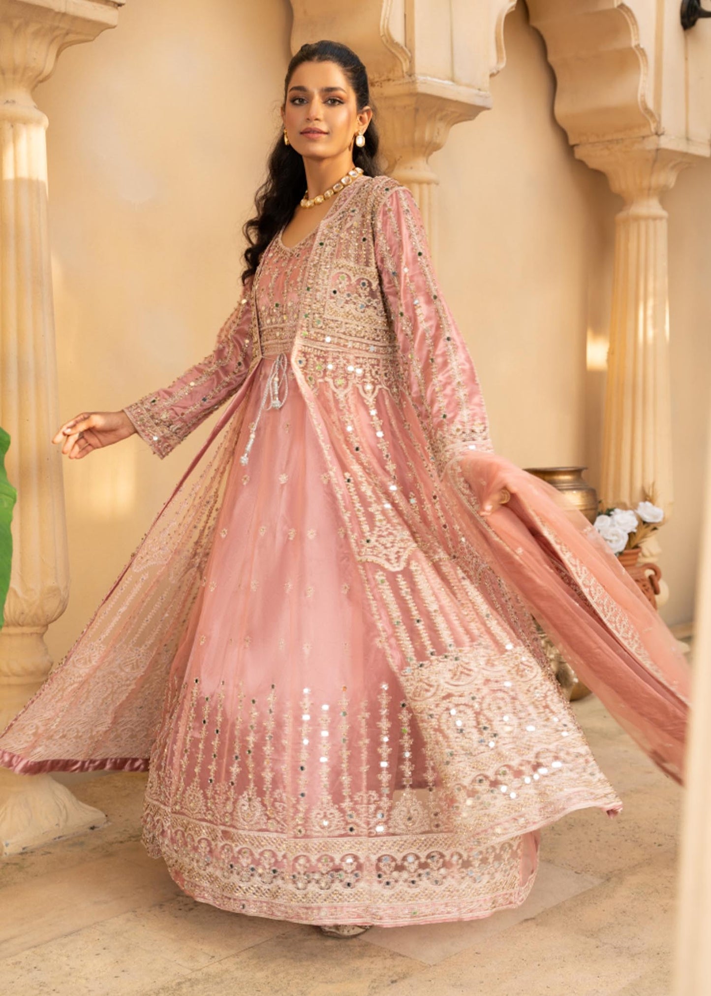 Baby Pink Net Flared Gown Online in Dubai UAE Abudhabi Ajman Sharjah