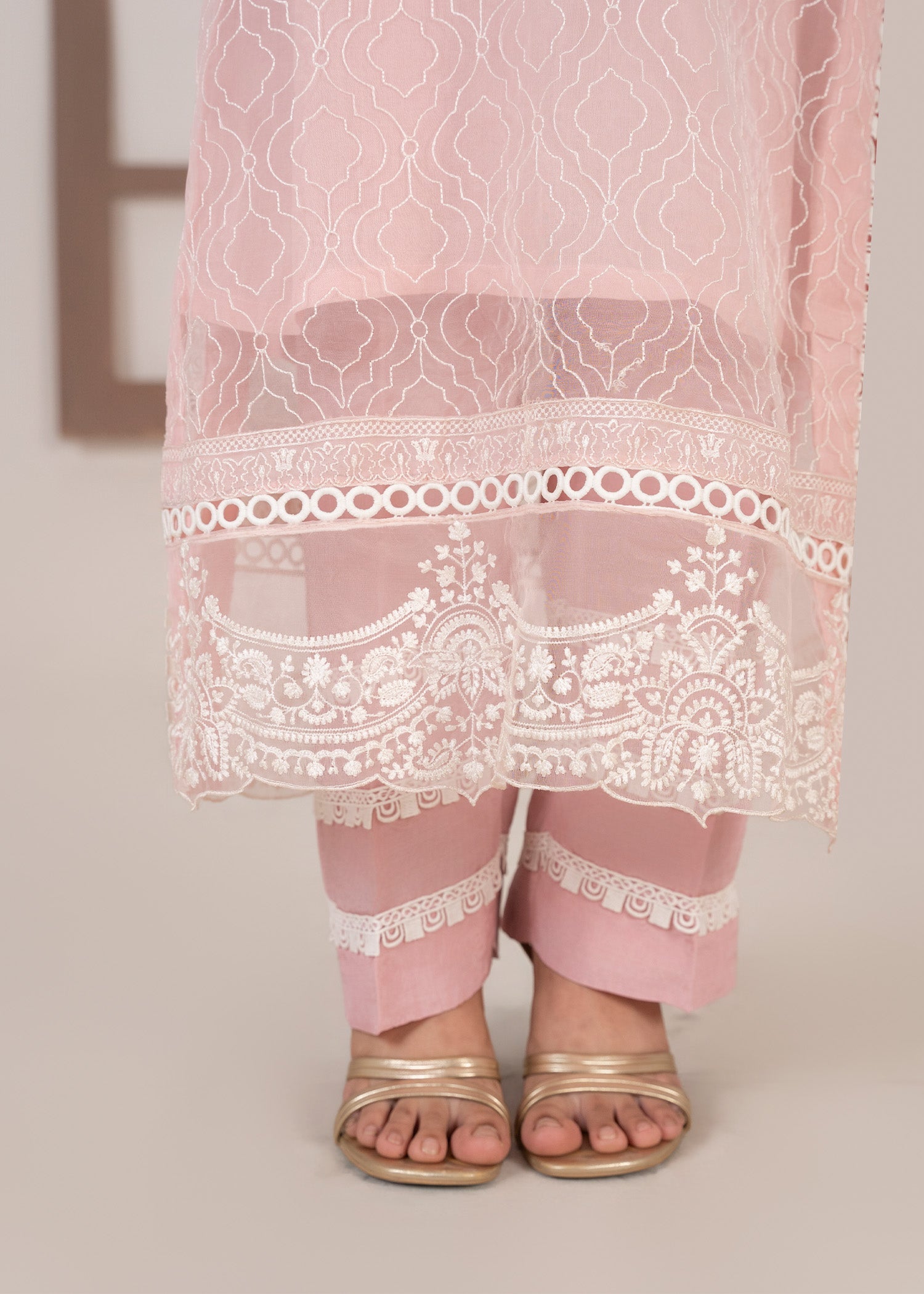 Baby Pink Organza Long Kurta with Raw Silk Culottes Online in Dubai UAE Abudhabi Ajman Sharjah