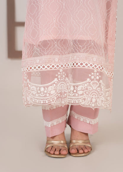 Baby Pink Organza Long Kurta with Raw Silk Culottes Online in Dubai UAE Abudhabi Ajman Sharjah