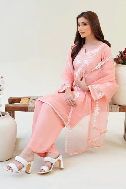 Baby Pink Viscose Raw Silk Embroidered Kurta Set with Dupatta