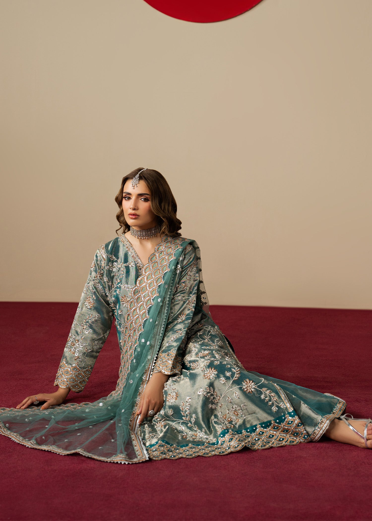 Banarasi Jacquard Embroidered Teal Festive Suit Online in KSA Riyadh Saudi Arabia Oman Bahrain Qatar