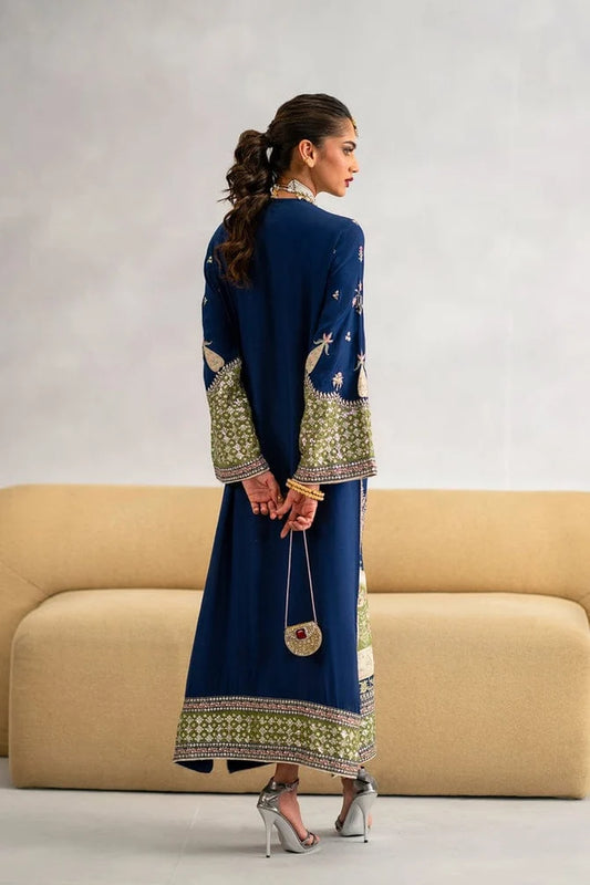 Royal Blue Sequins Embroidered Raw Silk Kaftan with Dupatta