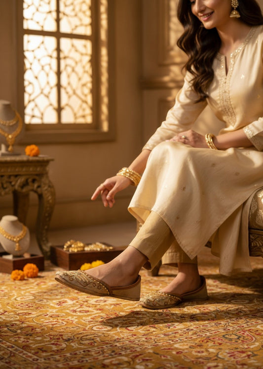 Beige Antique Gold Embroidered Khussa Online in UK USA Canada