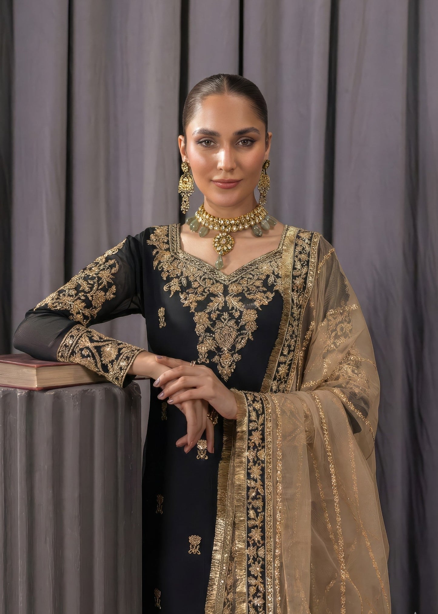 Beige Black Embroidered Bemberg Crinkle Chiffon Kurta Set Online in Dubai DXB UAE Abudhabi Meena Bazaar