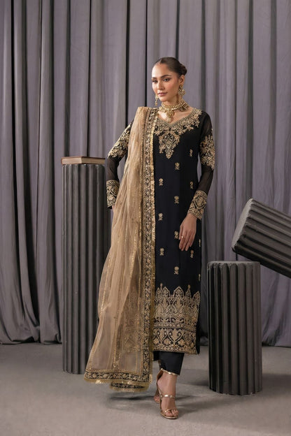 Beige Black Embroidered Bemberg Crinkle Chiffon Partywear Suit Online in Dubai UAE Abudhabi Ajman Sharjah