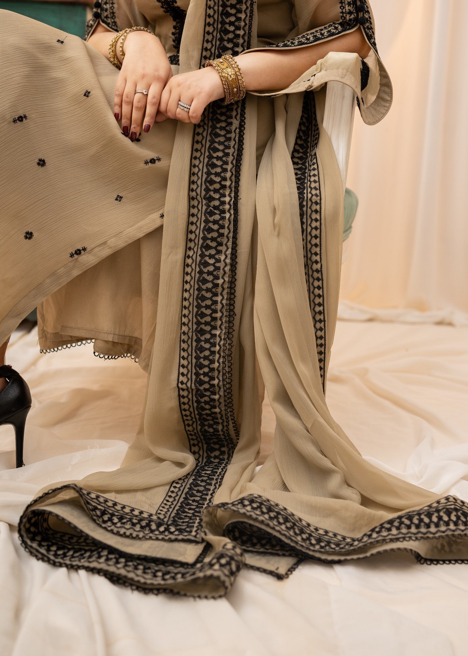 Beige Black Embroidered Bemberg Crinkle Chiffon Suit Online in Dubai DXB UAE Abudhabi Meena Bazaar