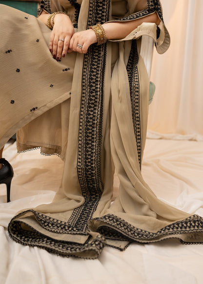 Beige Black Embroidered Bemberg Crinkle Chiffon Suit Online in Dubai DXB UAE Abudhabi Meena Bazaar