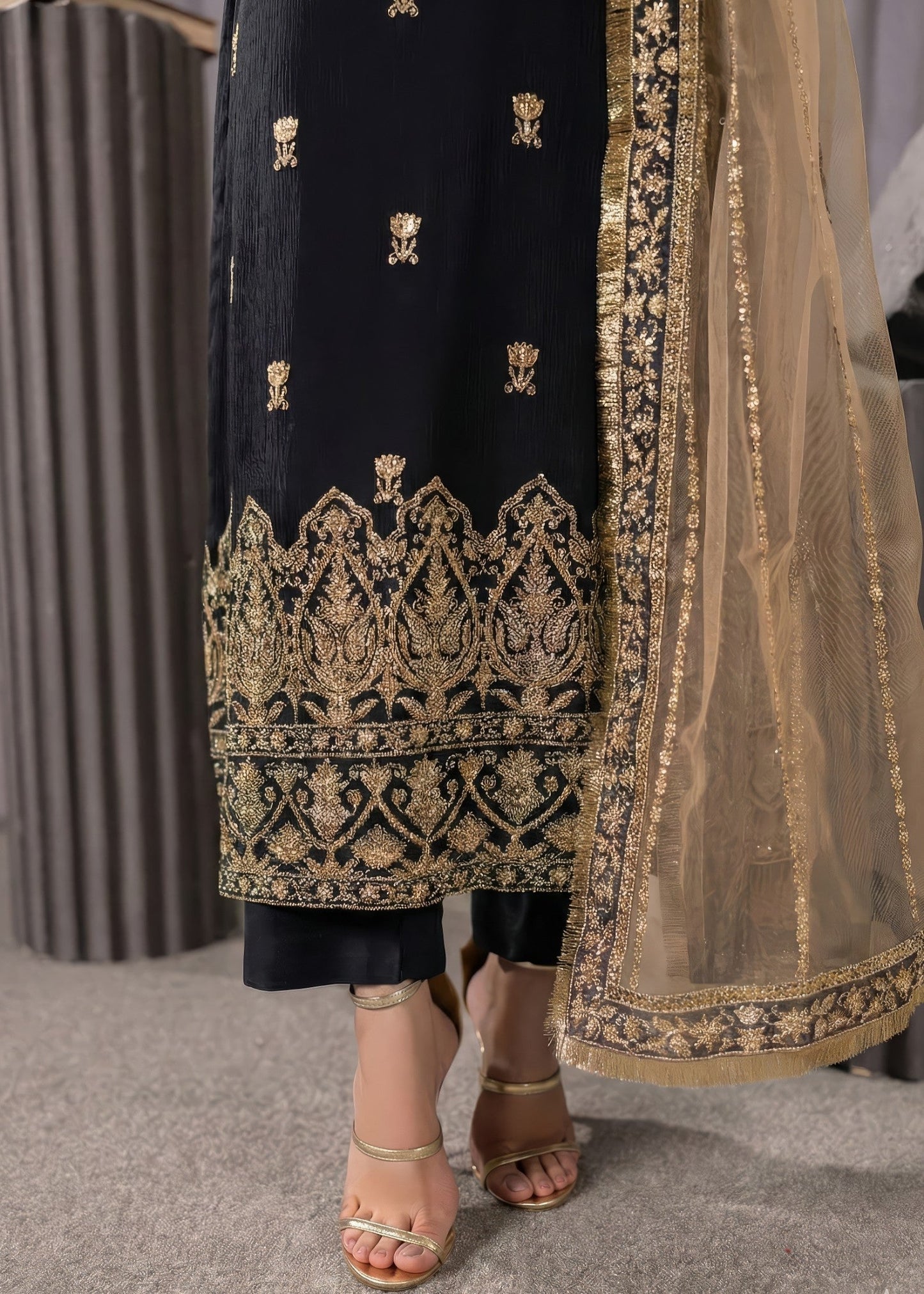 Beige Black Embroidered Party Wear Salwar Kameez Online in KSA Riyadh Saudi Arabia Oman Bahrain Qatar