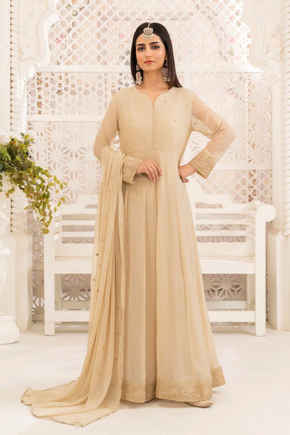 Beige Chiffon Flared Pishwas with Gold Tilla Border Online in Dubai UAE Abudhabi Ajman Sharjah