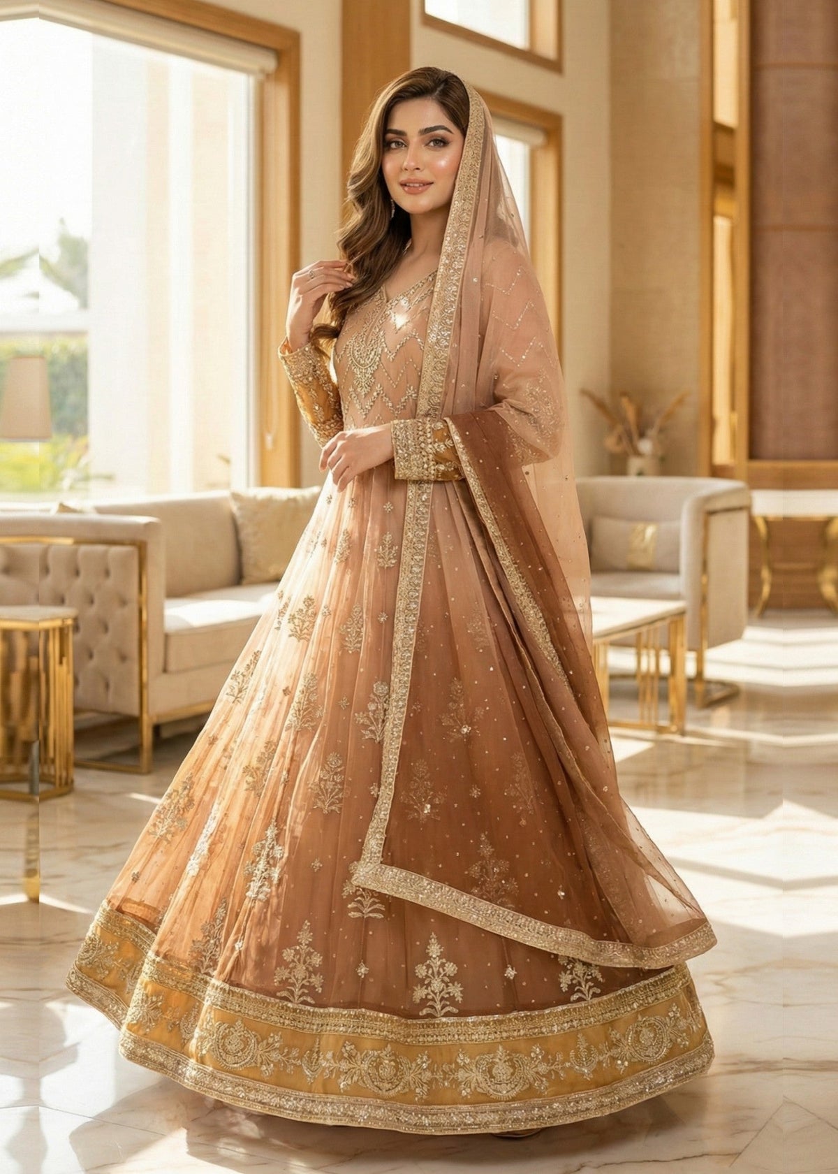 Beige Chiffon Partywear Suit Online in Sri Lanka India Australia