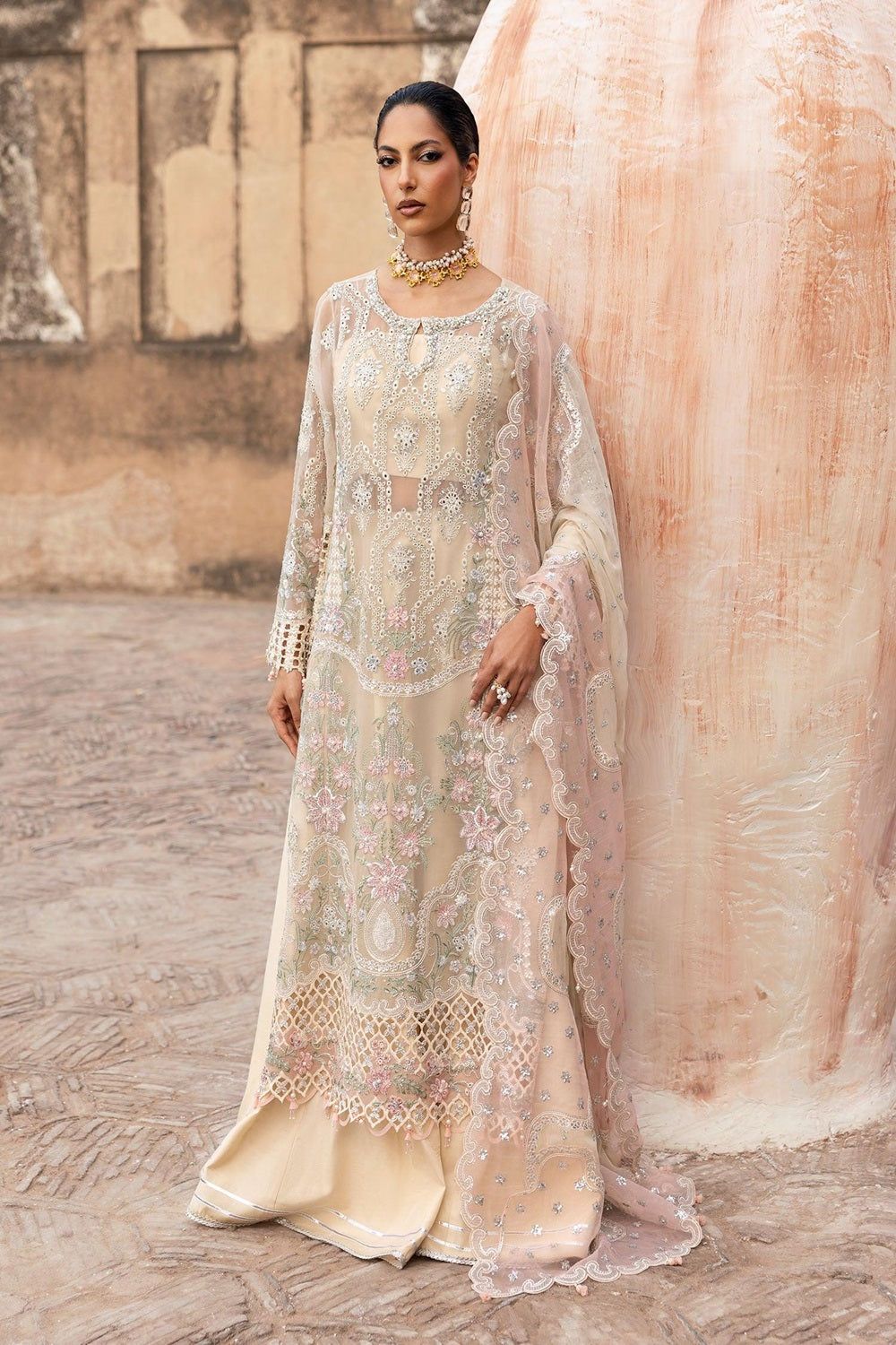Beige Chikankari Chiffon Salwar Suit Online in Dubai UAE Abudhabi Ajman Sharjah