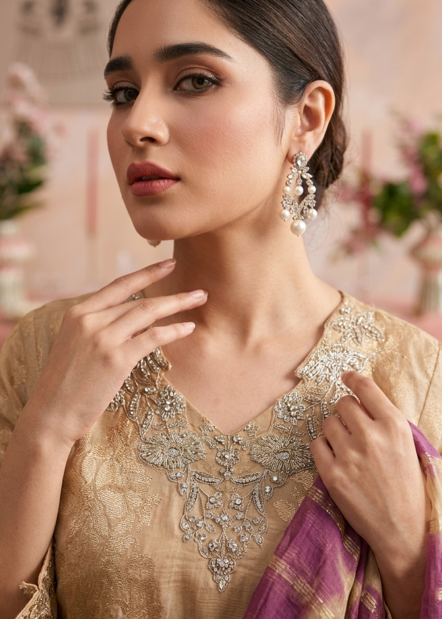 Beige Cotton Tissue Dupatta Embroidered Suit Online in UK USA Canada