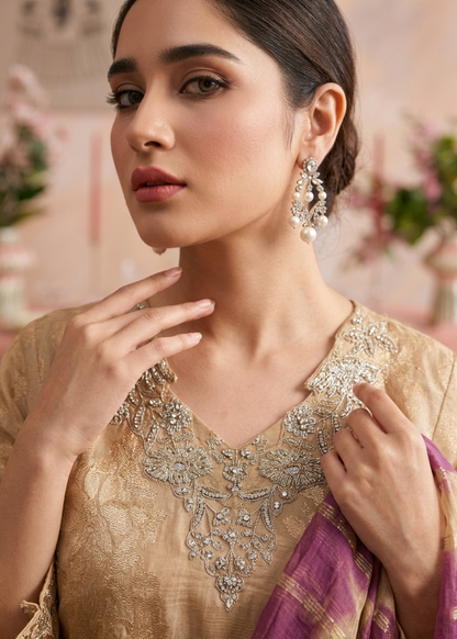 Beige Cotton Tissue Dupatta Embroidered Suit Online in UK USA Canada